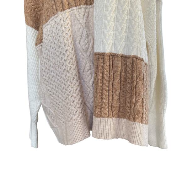 Lands End White Beige Colorblock Cable Knit Oversize Fisherman Sweater Sz Large - Picture 9 of 16